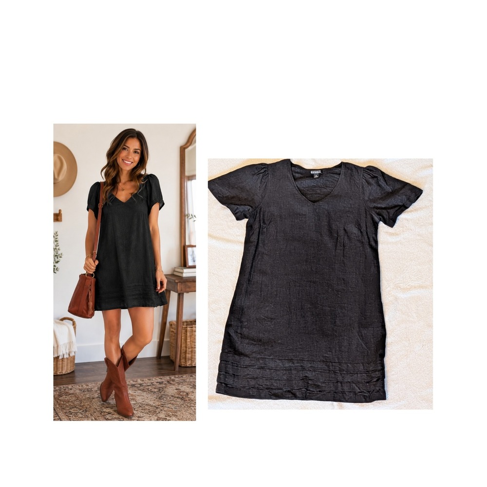 Linen Dress ORIGINAL by Nicole Miller Black V-Neck Tunic Medium